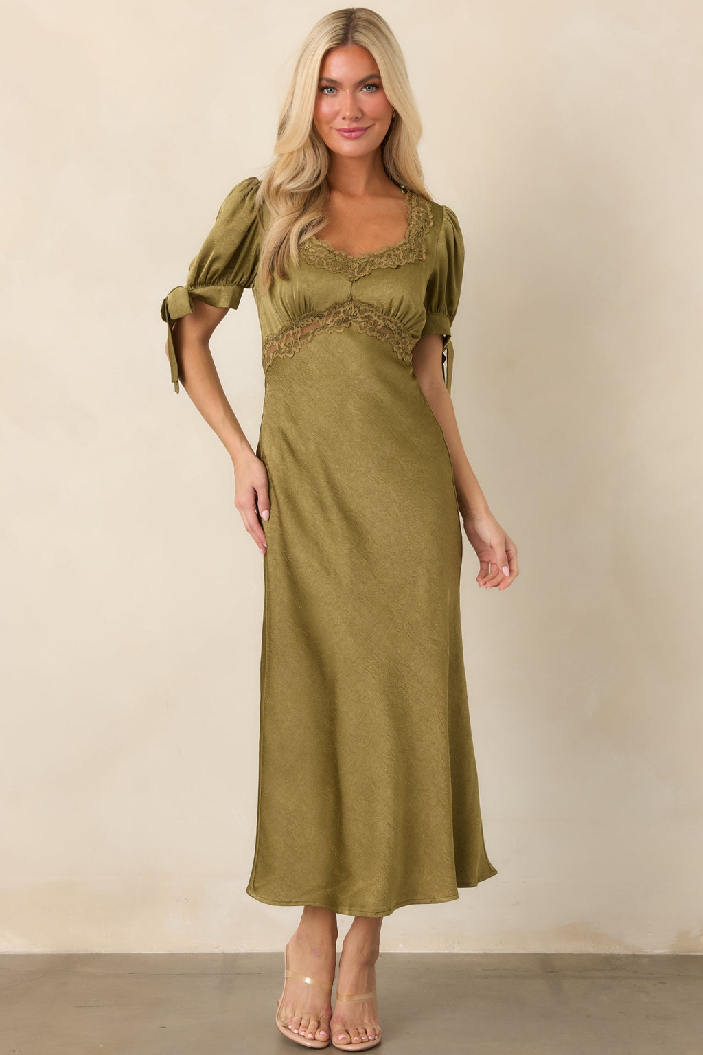 More Than a Feeling Olive Green Satin Lace Trim Midi Dress