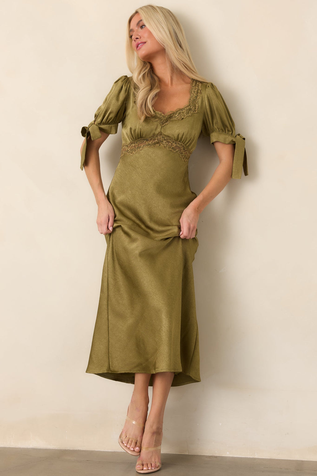 More Than a Feeling Olive Green Satin Lace Trim Midi Dress