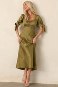 More Than a Feeling Olive Green Satin Lace Trim Midi Dress