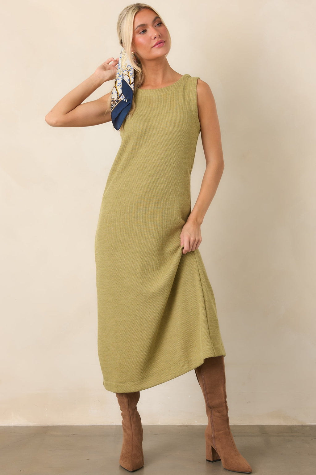 Soft Horizons Olive Green Rib Knit Button Back Midi Dress