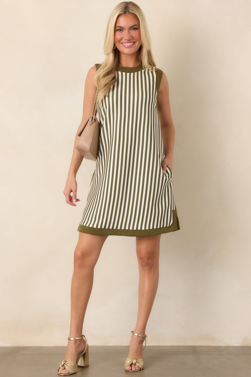 On the Roster Olive & Ivory Striped Shift Mini Dress