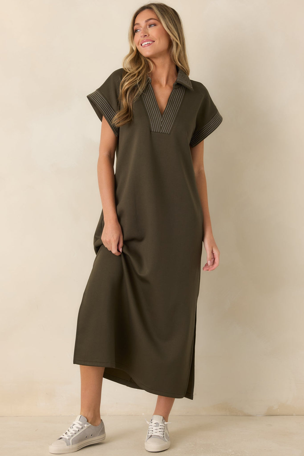 One Less Thing Olive Green V-Neck Contrast Pinstripe Maxi Dress