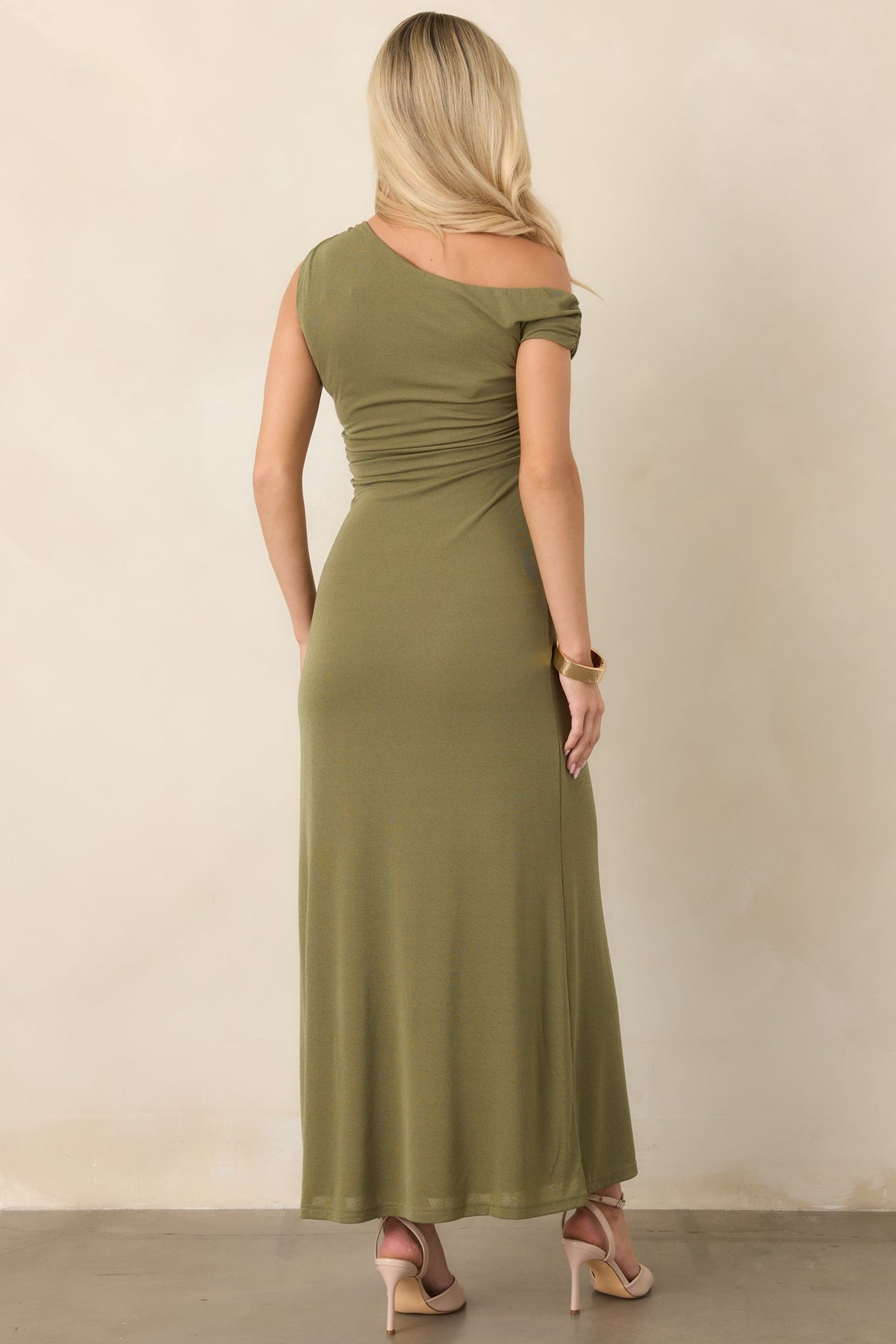 MINKPINK Aster Olive Green One Shoulder Mesh Midi Dress