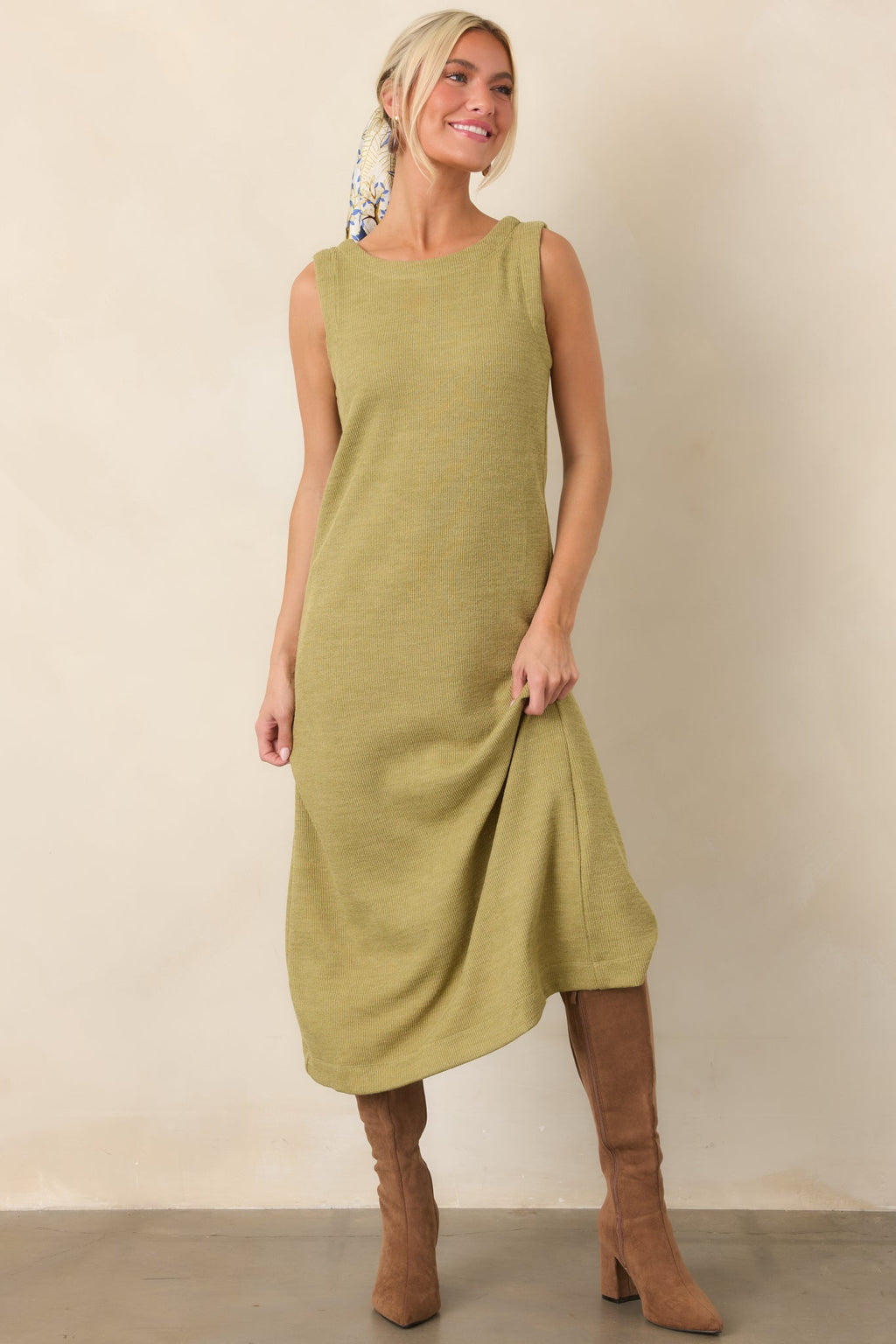 Soft Horizons Olive Green Rib Knit Button Back Midi Dress