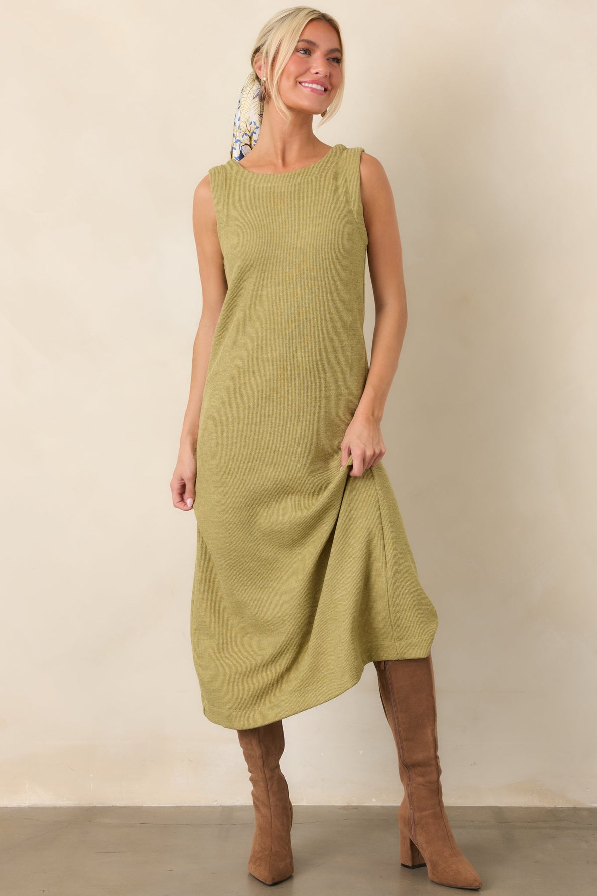Soft Horizons Olive Green Rib Knit Button Back Midi Dress
