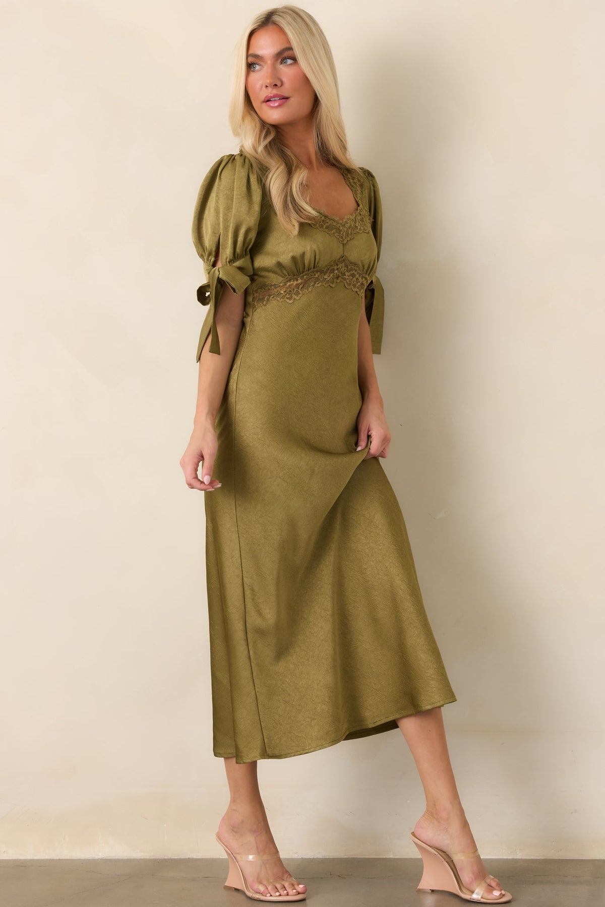 More Than a Feeling Olive Green Satin Lace Trim Midi Dress
