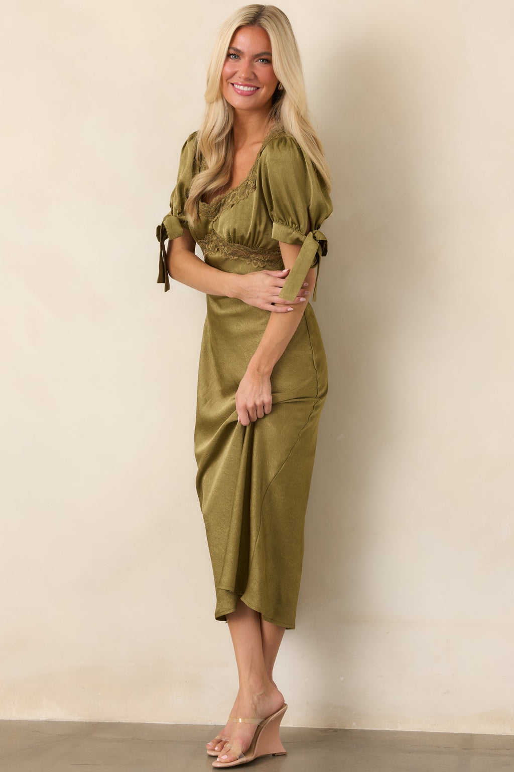 More Than a Feeling Olive Green Satin Lace Trim Midi Dress