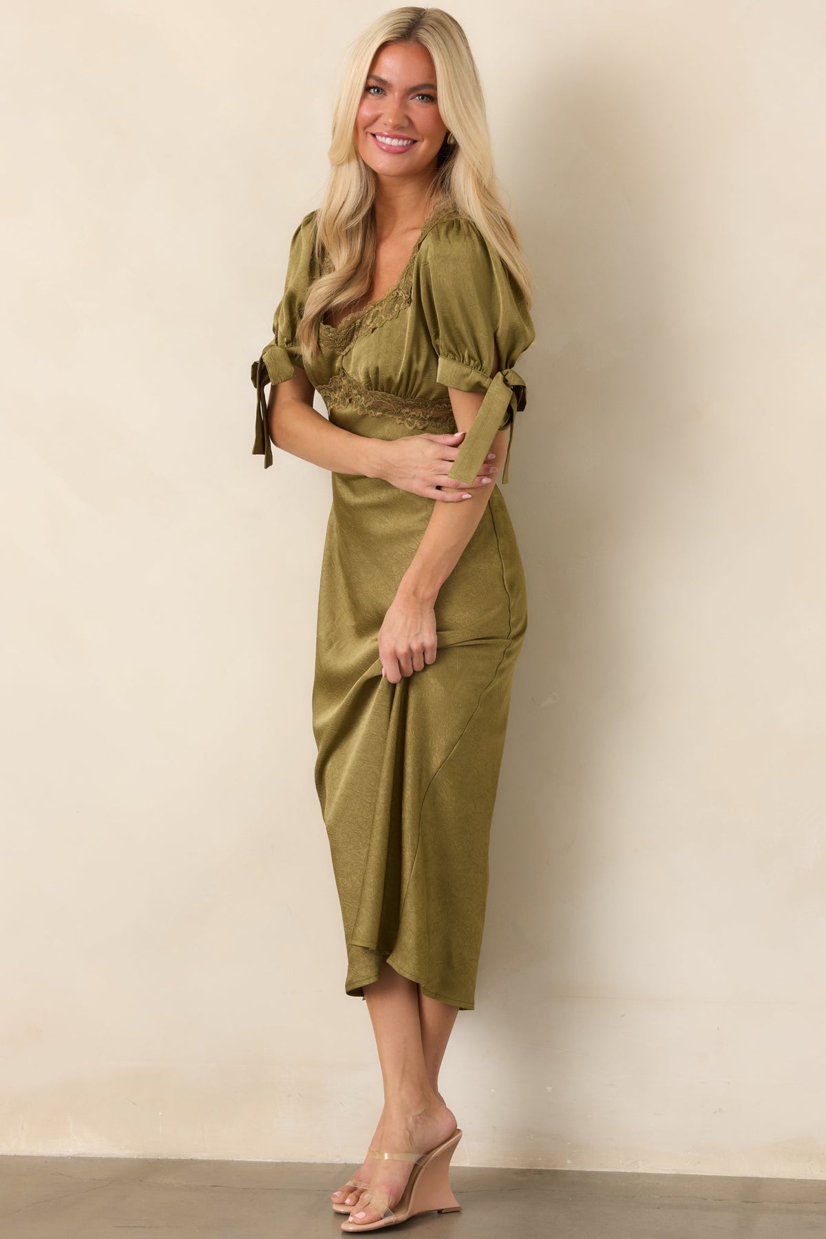 More Than a Feeling Olive Green Satin Lace Trim Midi Dress