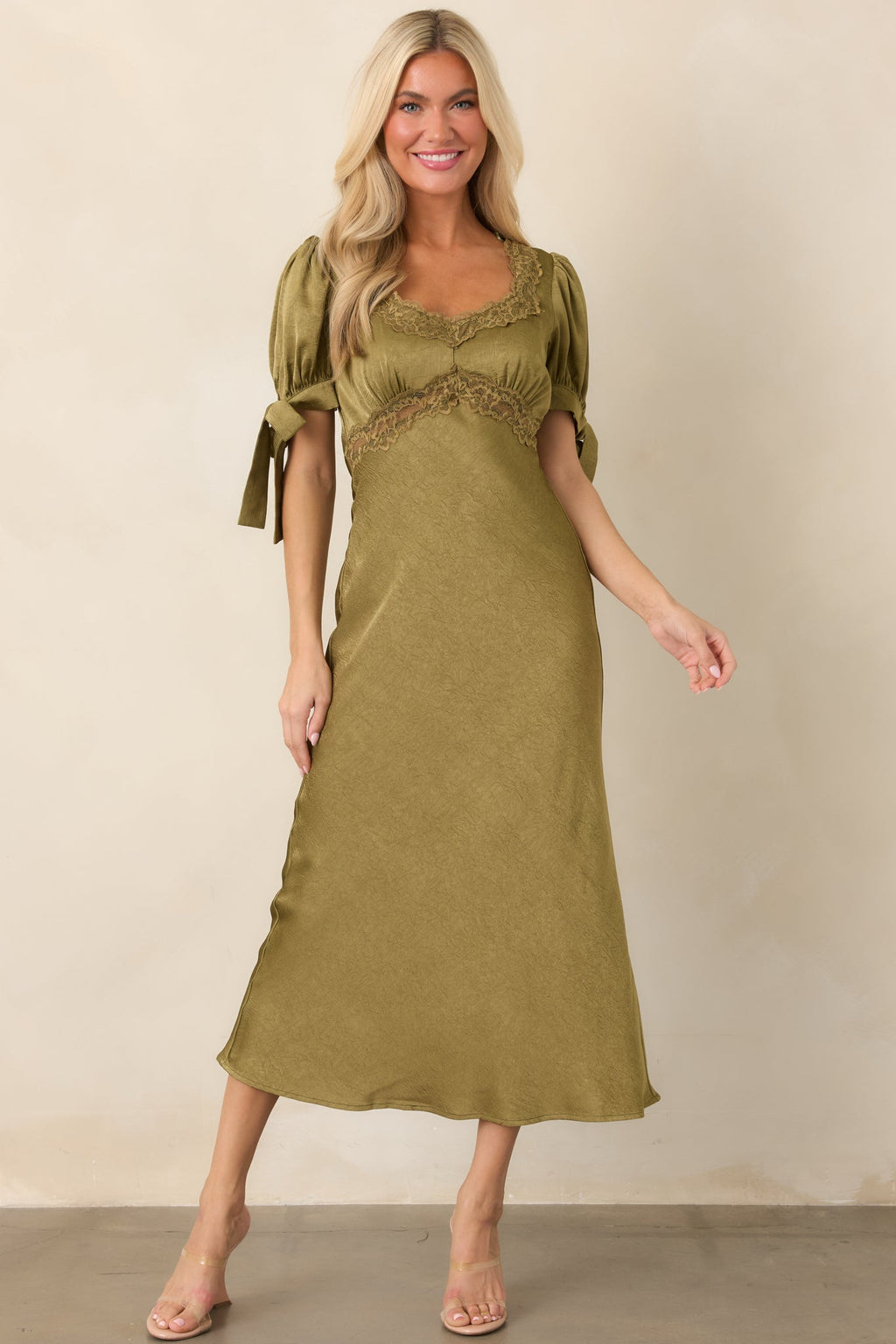 More Than a Feeling Olive Green Satin Lace Trim Midi Dress