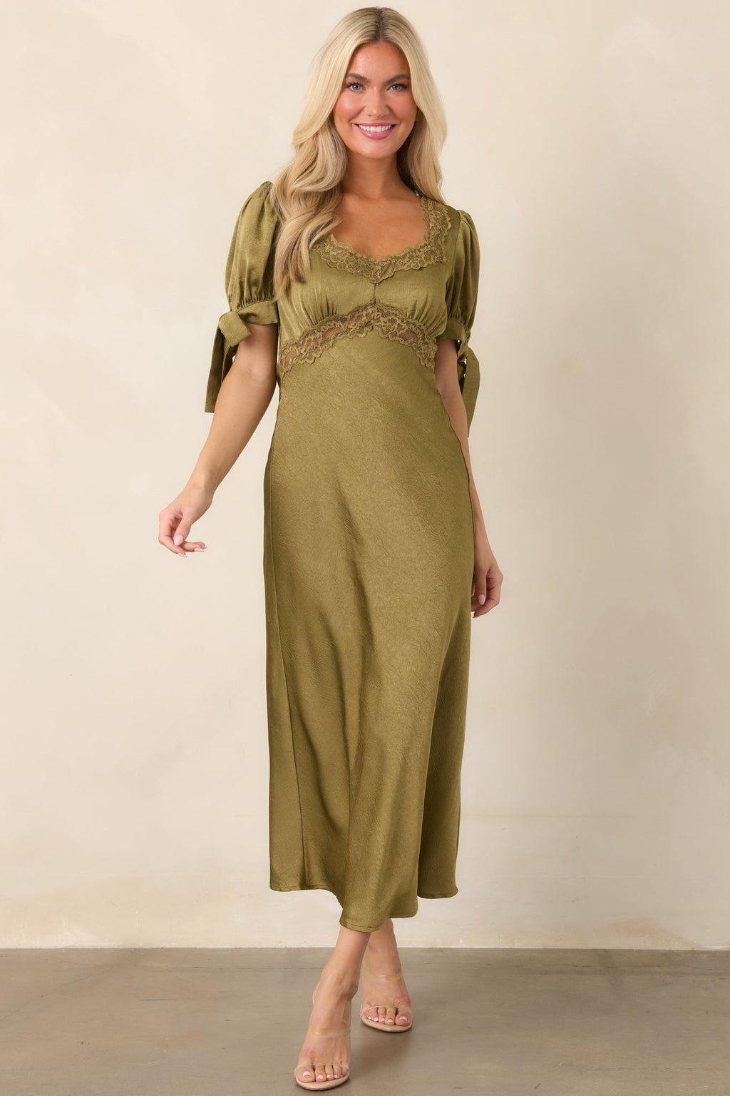 More Than a Feeling Olive Green Satin Lace Trim Midi Dress