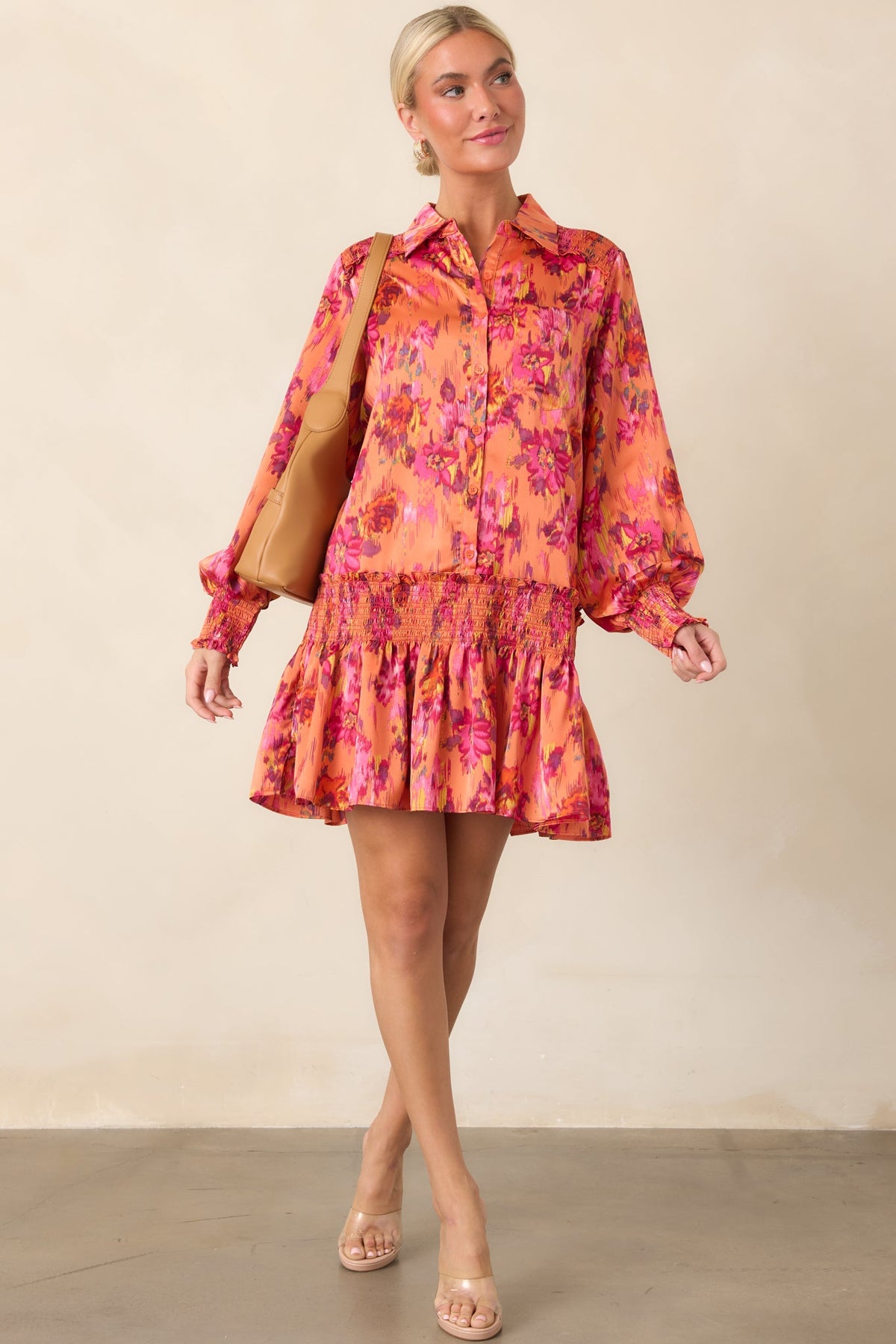 Impossible to Miss Orange Multi Floral Satin Mini Dress