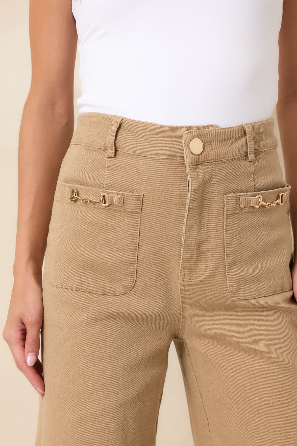 Stable Style Camel Horsebit Accent Wide Leg Denim Pants