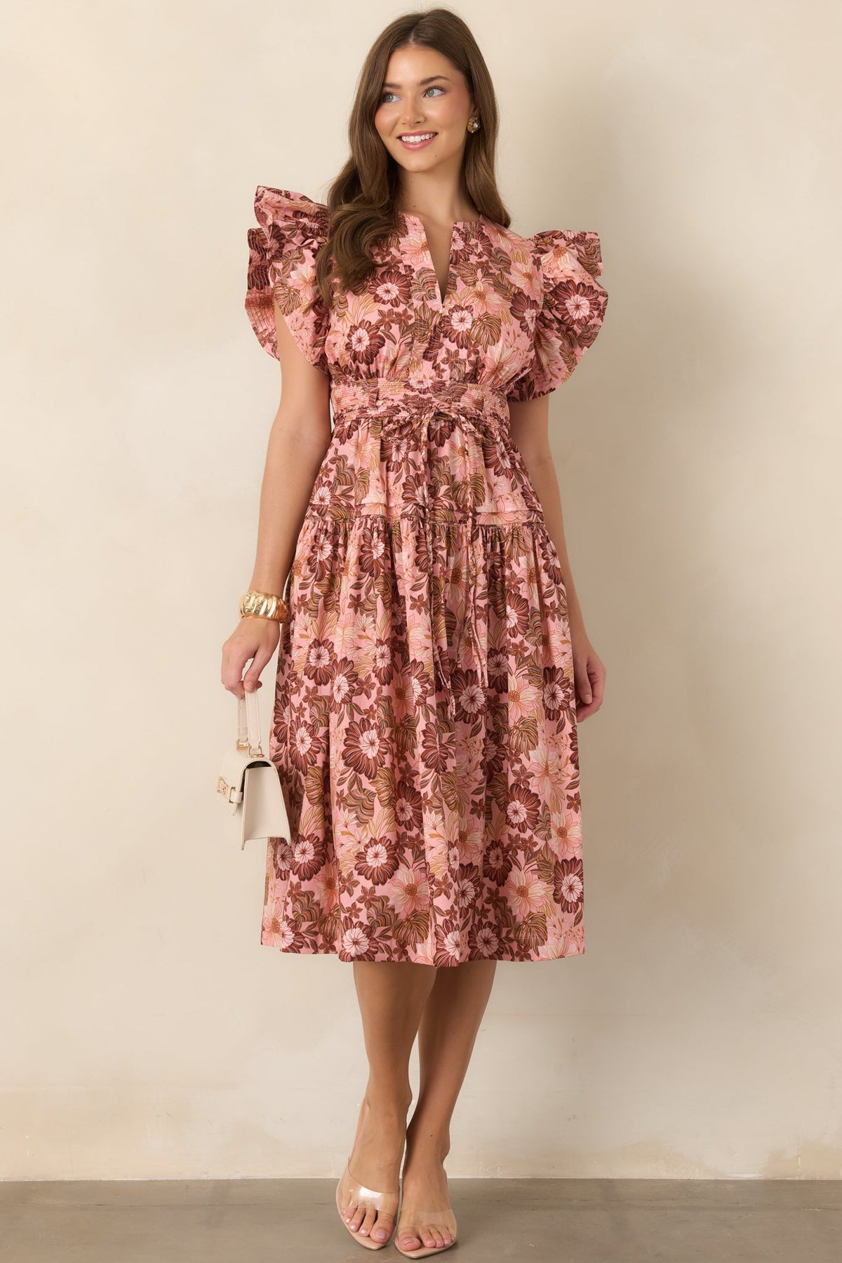 A Season Remembered Pink & Brown Floral Cotton Smocked Midi Dress