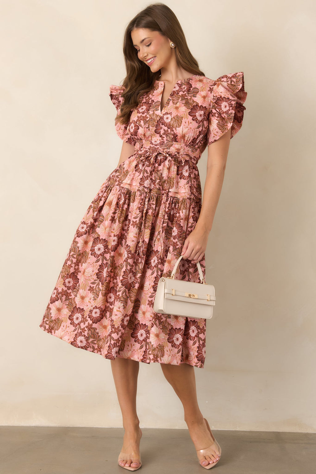 A Season Remembered Pink & Brown Floral Cotton Smocked Midi Dress