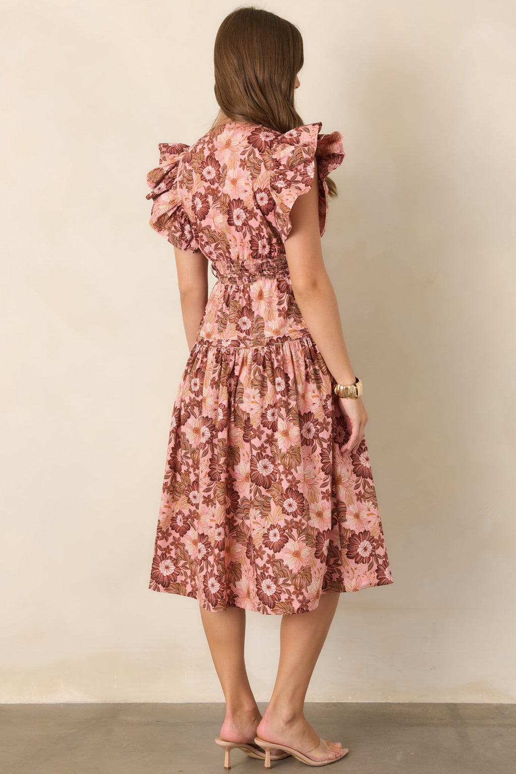 A Season Remembered Pink & Brown Floral Cotton Smocked Midi Dress