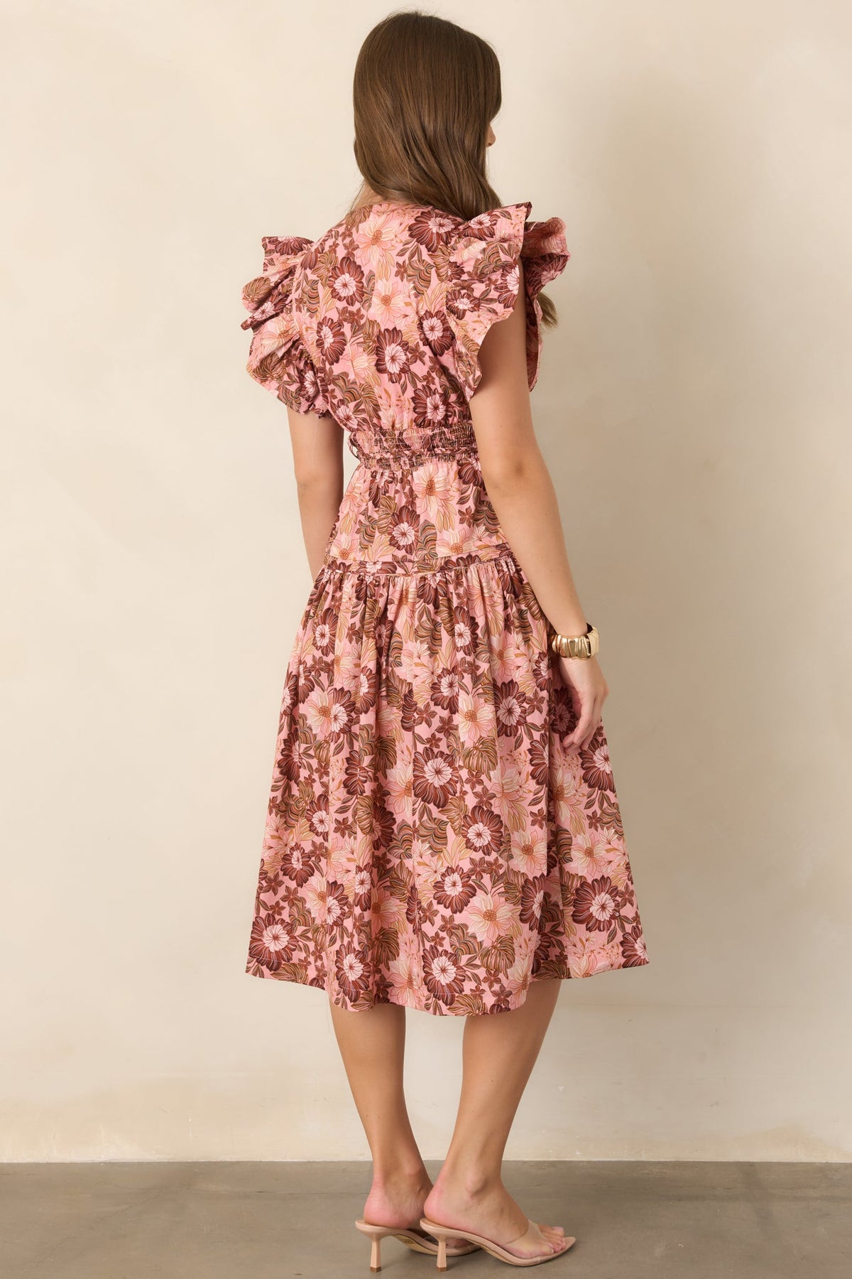 A Season Remembered Pink & Brown Floral Cotton Smocked Midi Dress
