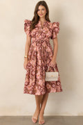 A Season Remembered Pink & Brown Floral Cotton Smocked Midi Dress