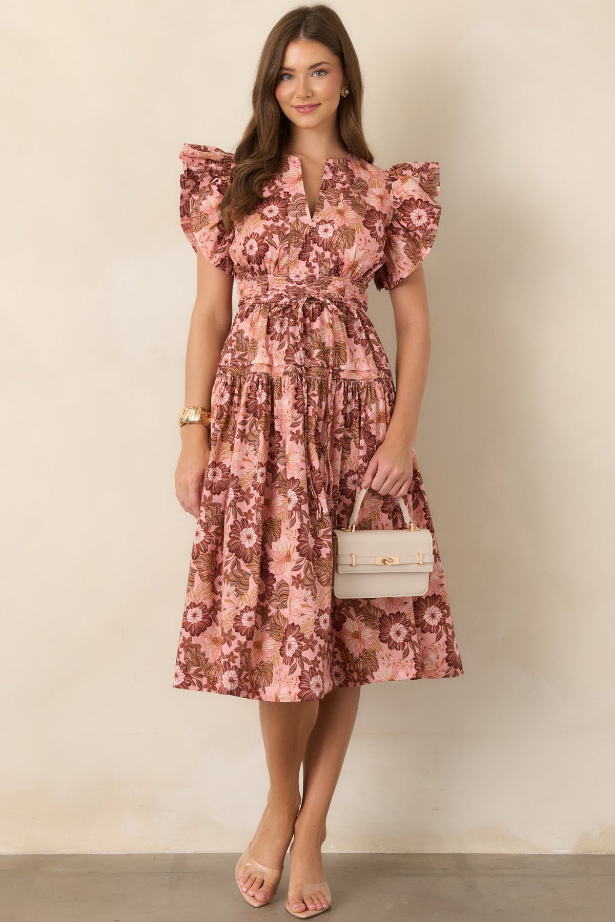 A Season Remembered Pink & Brown Floral Cotton Smocked Midi Dress