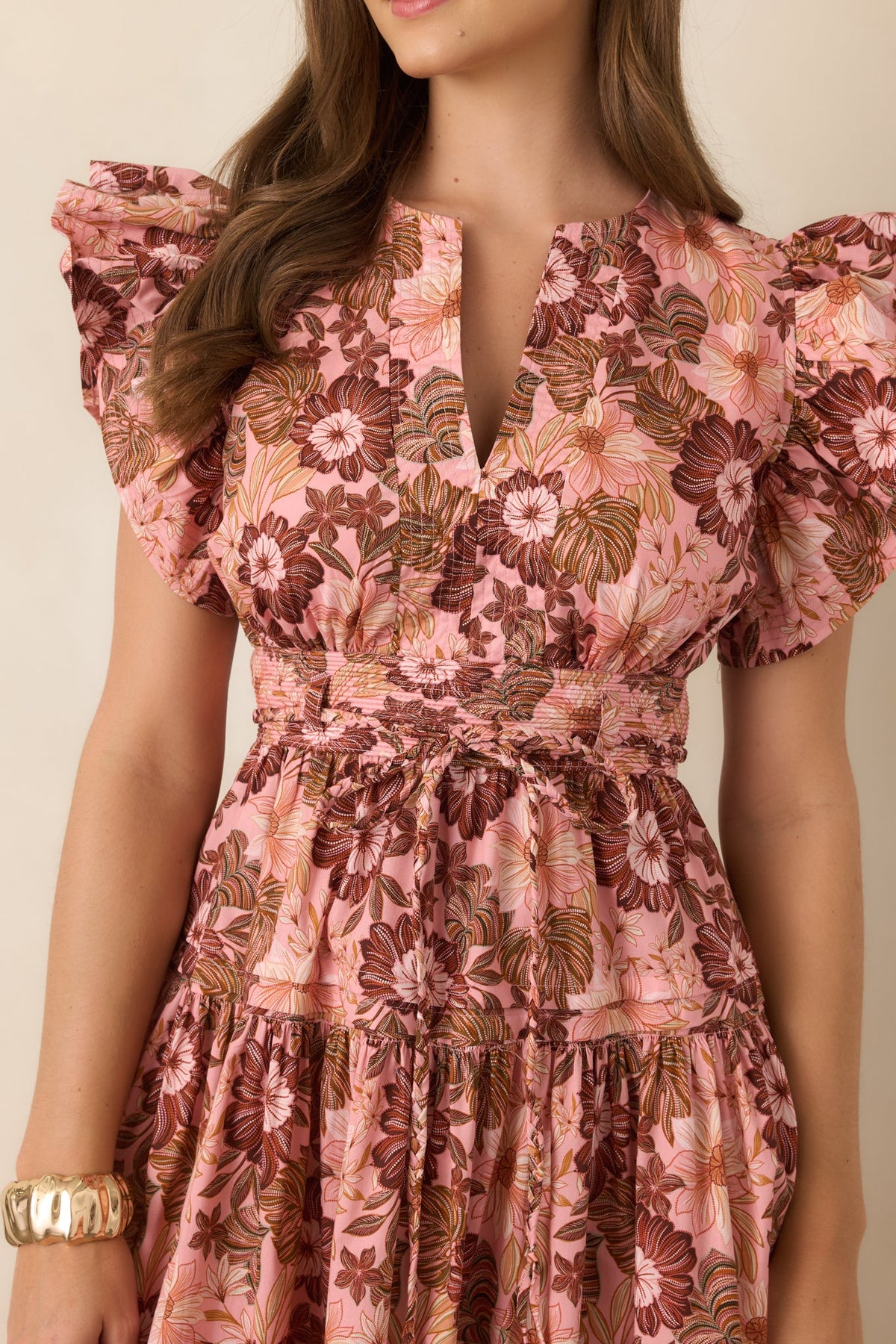 A Season Remembered Pink & Brown Floral Cotton Smocked Midi Dress