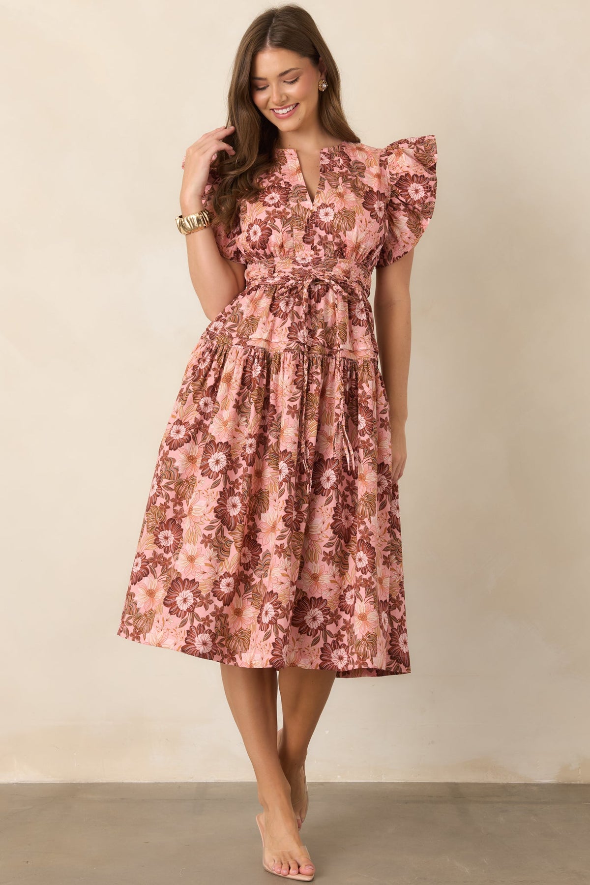 A Season Remembered Pink & Brown Floral Cotton Smocked Midi Dress