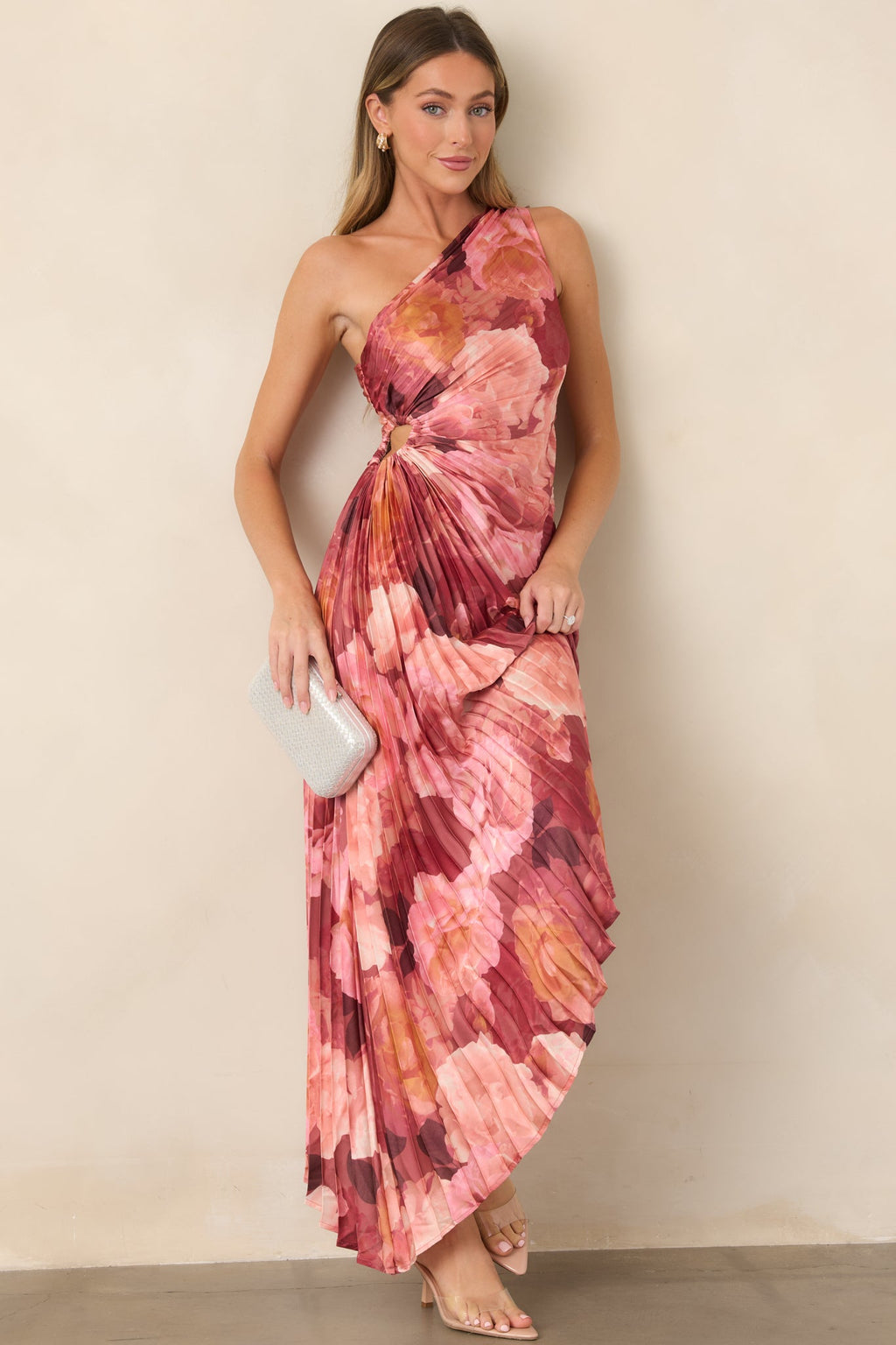 Poetic Charm Pink Floral One Shoulder Pleated Satin Maxi Dress
