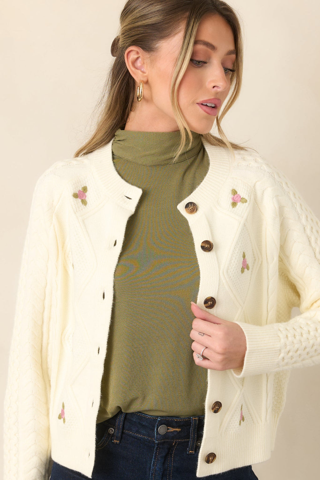 Rose to the Occasion Ivory Floral Embroidered Cable Knit Cardigan