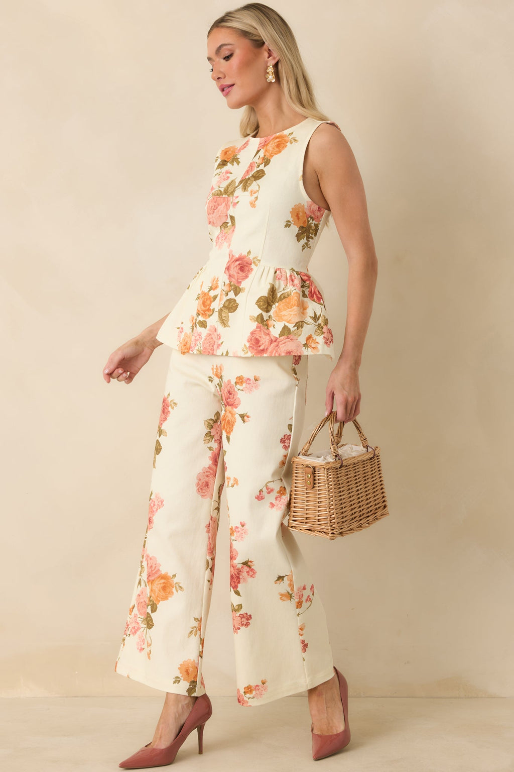 Grace in Motion Pink Floral Print Cotton Wide Leg Pants