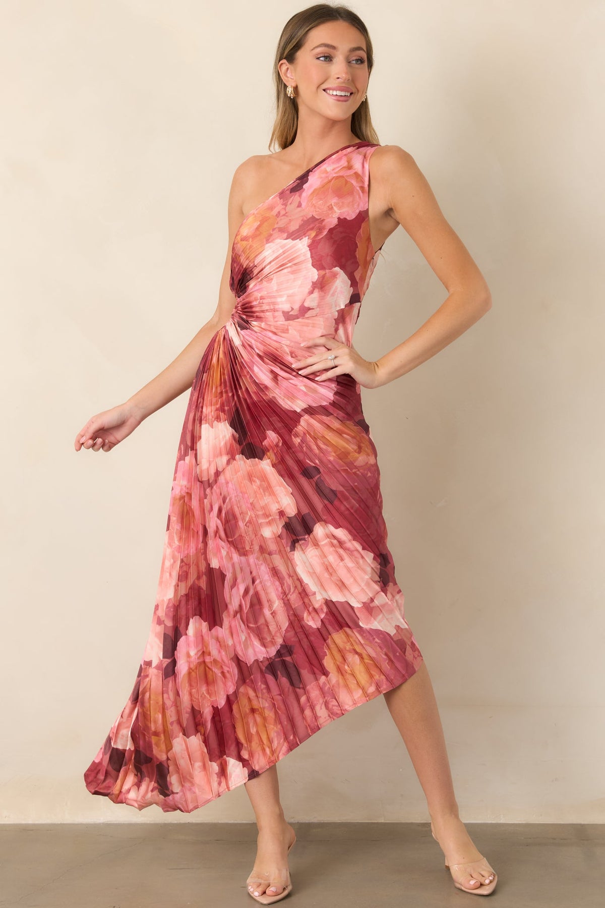 Poetic Charm Pink Floral One Shoulder Pleated Satin Maxi Dress