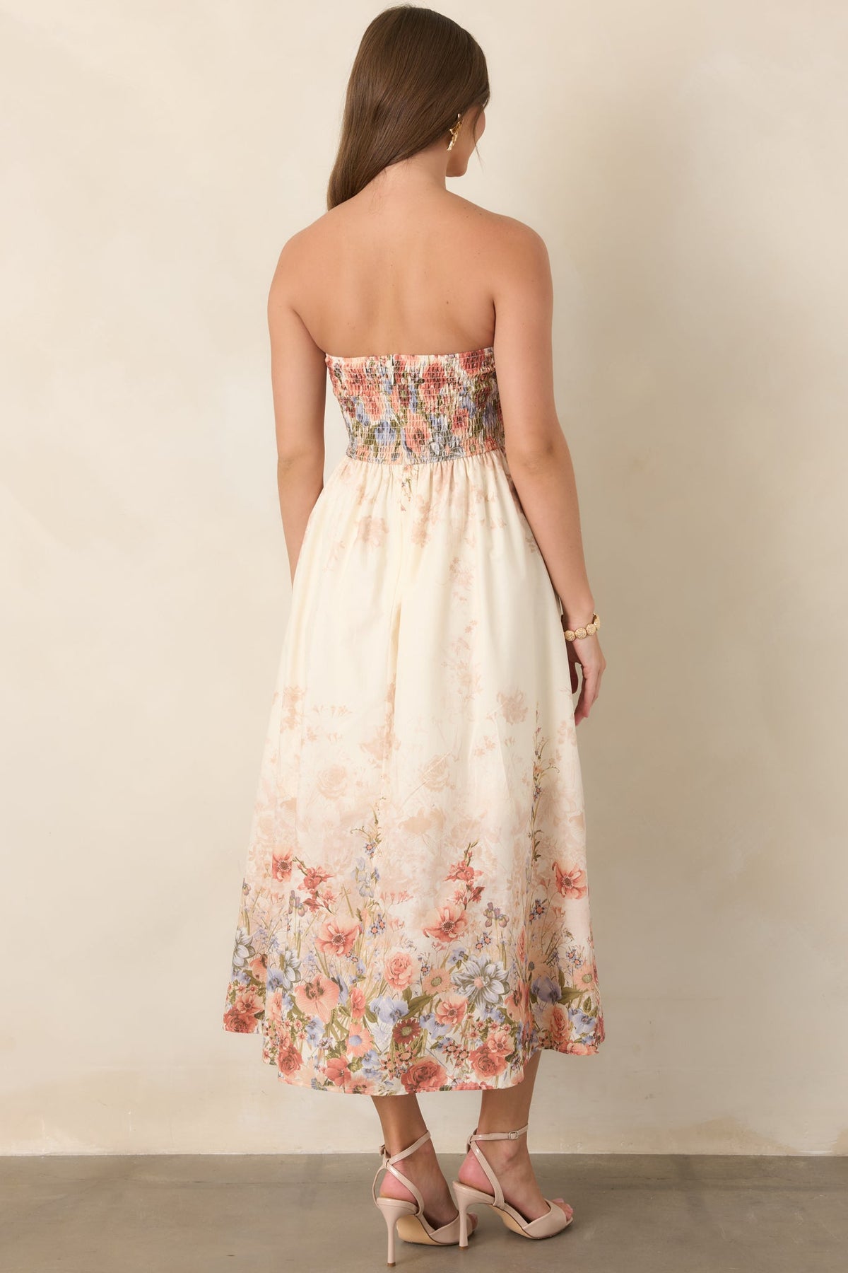 Gathered in Grace Pink Multi Floral Cotton Strapless Midi Dress