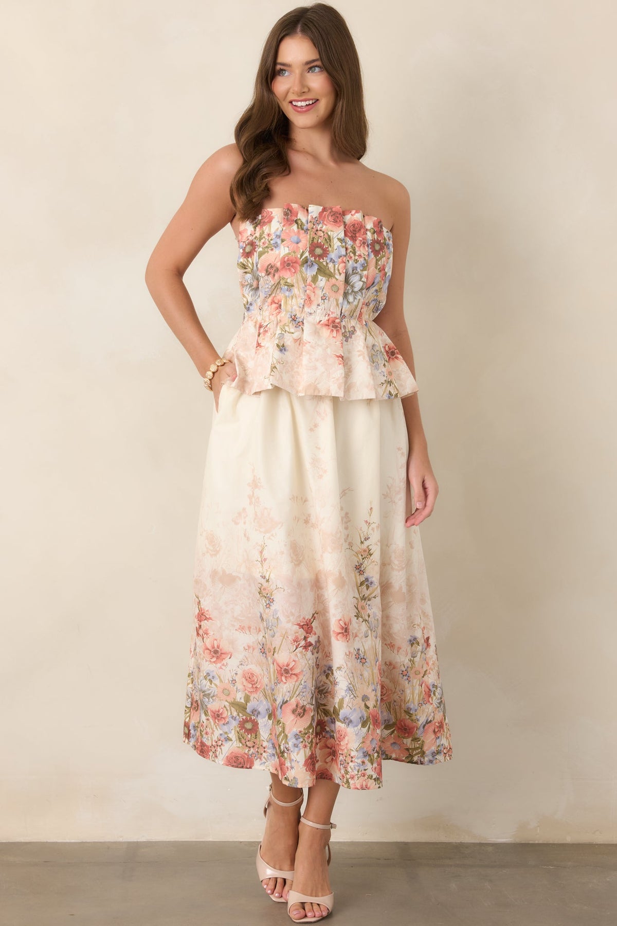 Gathered in Grace Pink Multi Floral Cotton Strapless Midi Dress