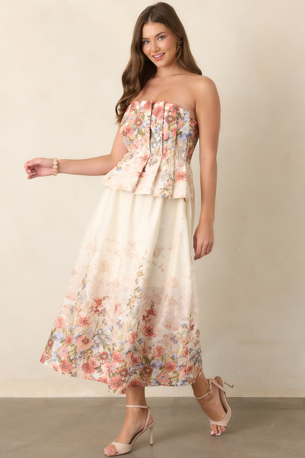 Gathered in Grace Pink Multi Floral Cotton Strapless Midi Dress