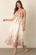 Gathered in Grace Pink Multi Floral Cotton Strapless Midi Dress