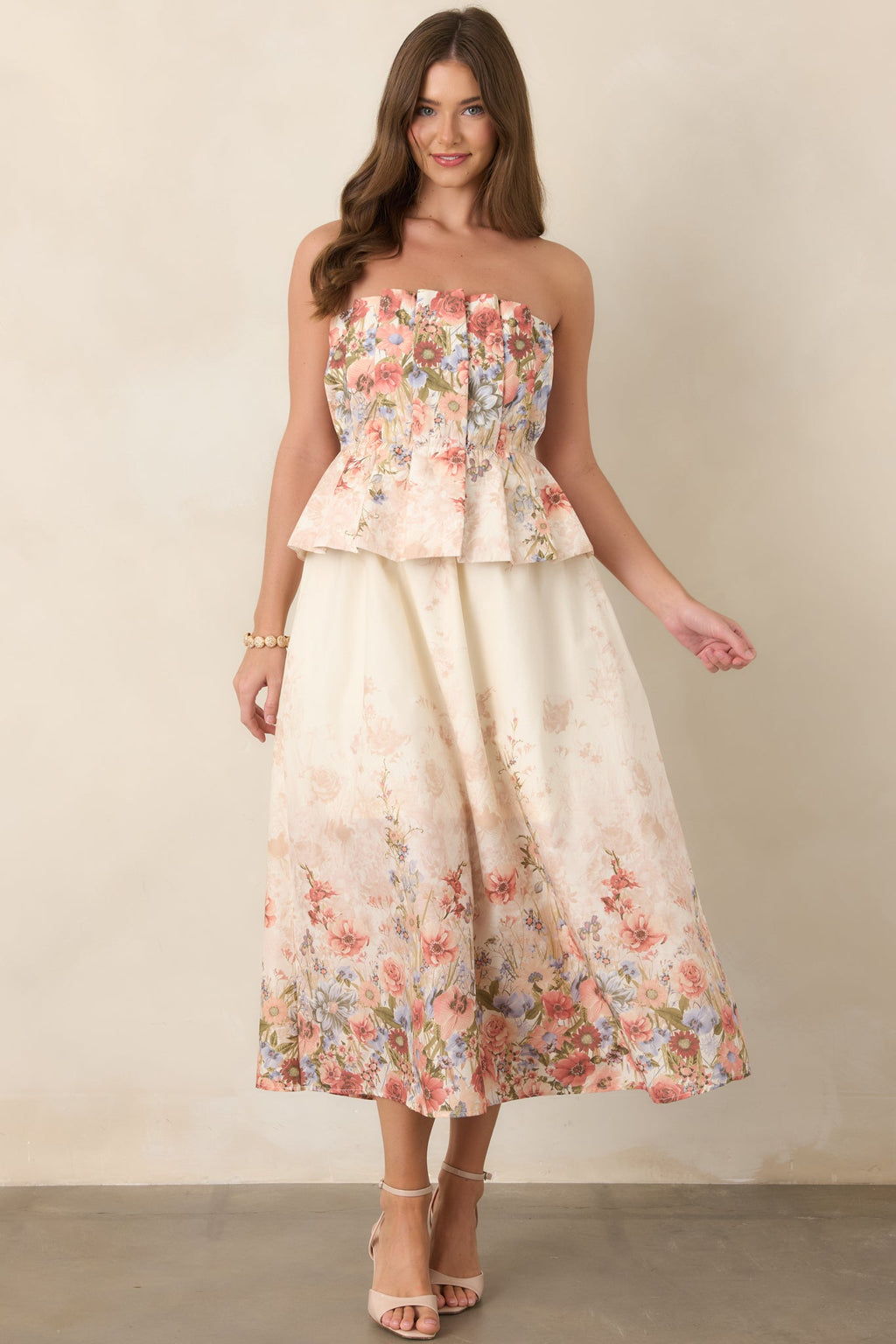 Gathered in Grace Pink Multi Floral Cotton Strapless Midi Dress