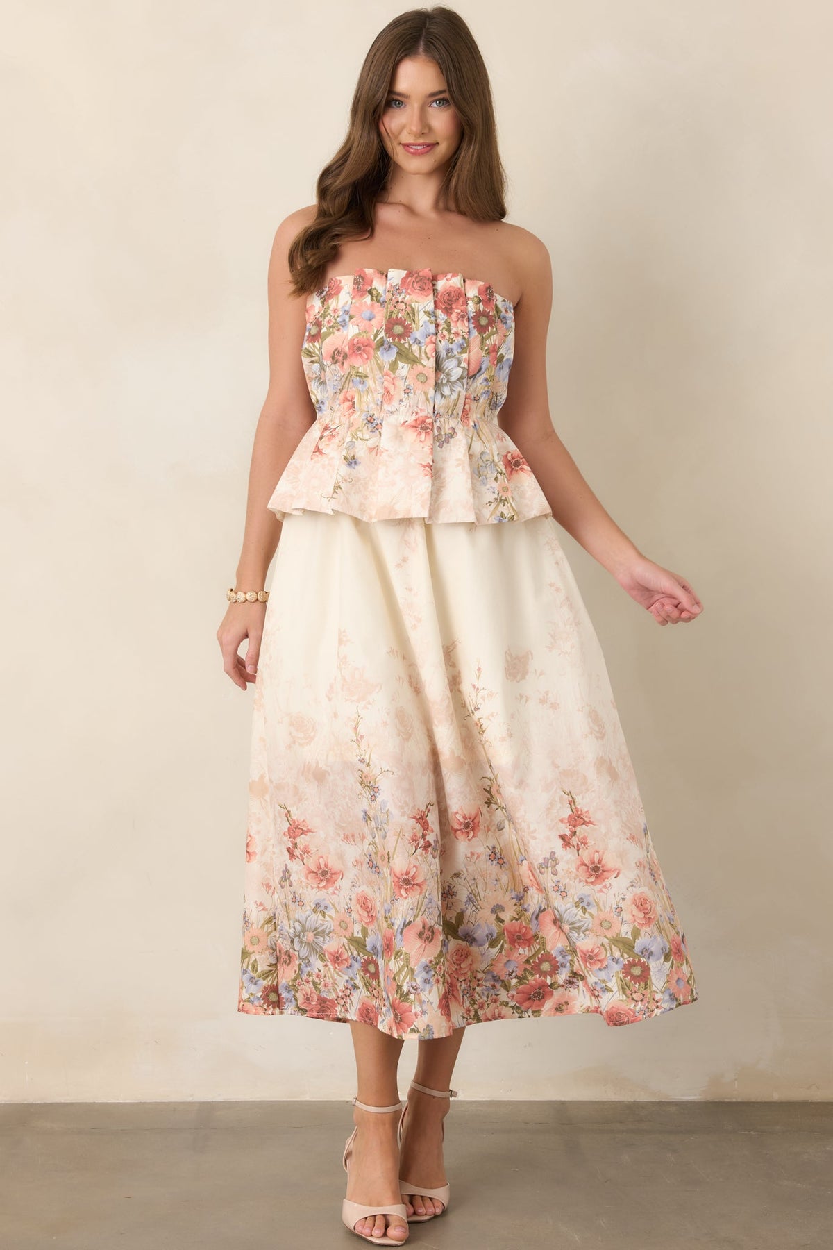 Gathered in Grace Pink Multi Floral Cotton Strapless Midi Dress