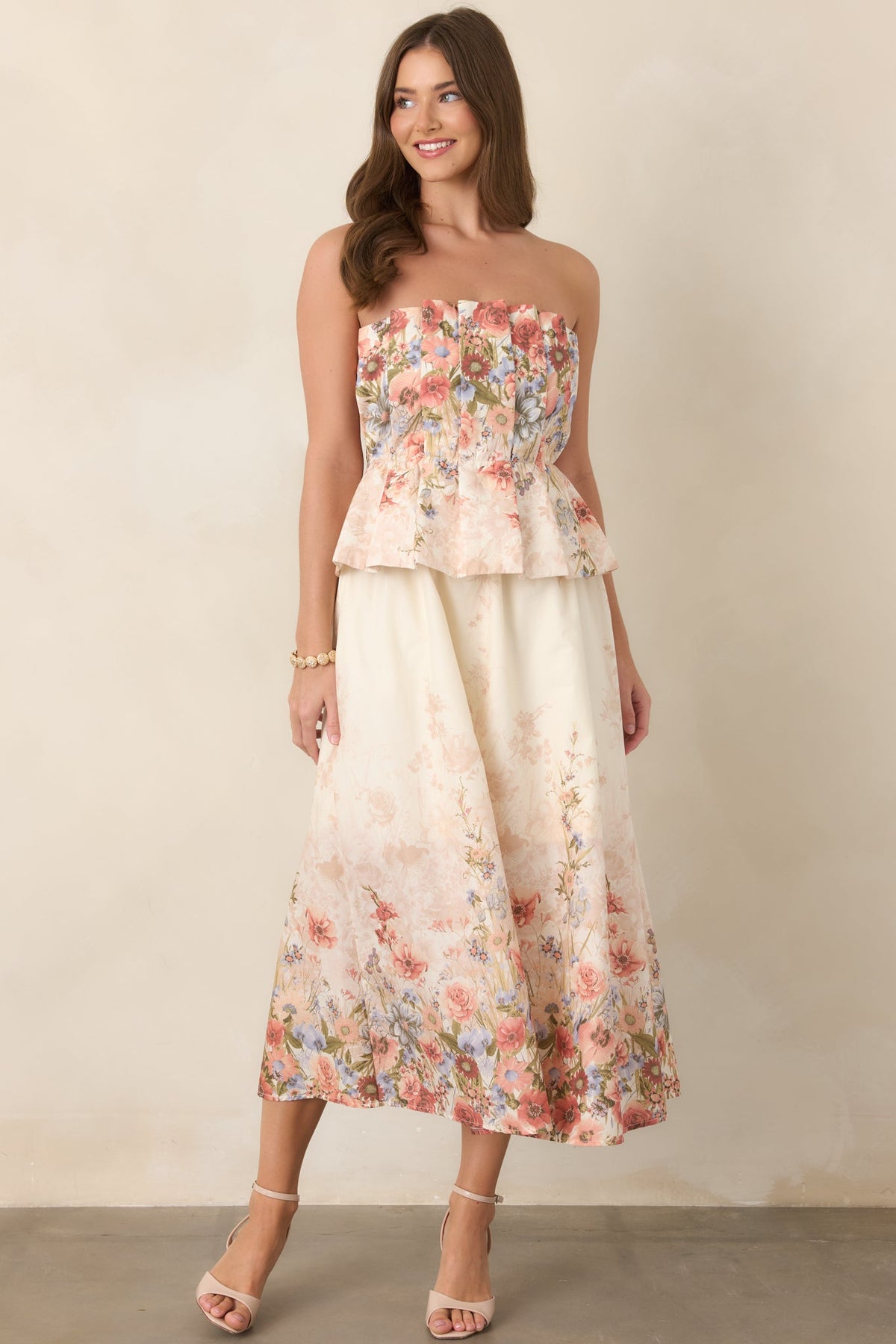 Gathered in Grace Pink Multi Floral Cotton Strapless Midi Dress