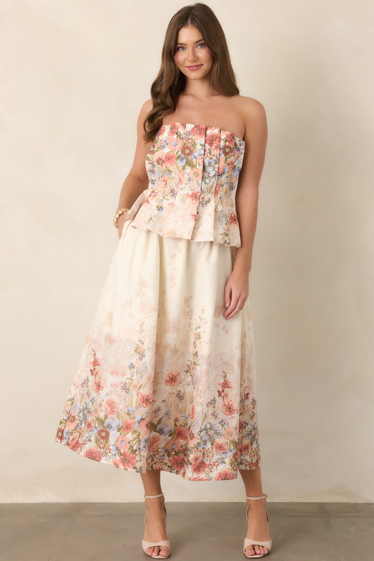 Gathered in Grace Pink Multi Floral Cotton Strapless Midi Dress