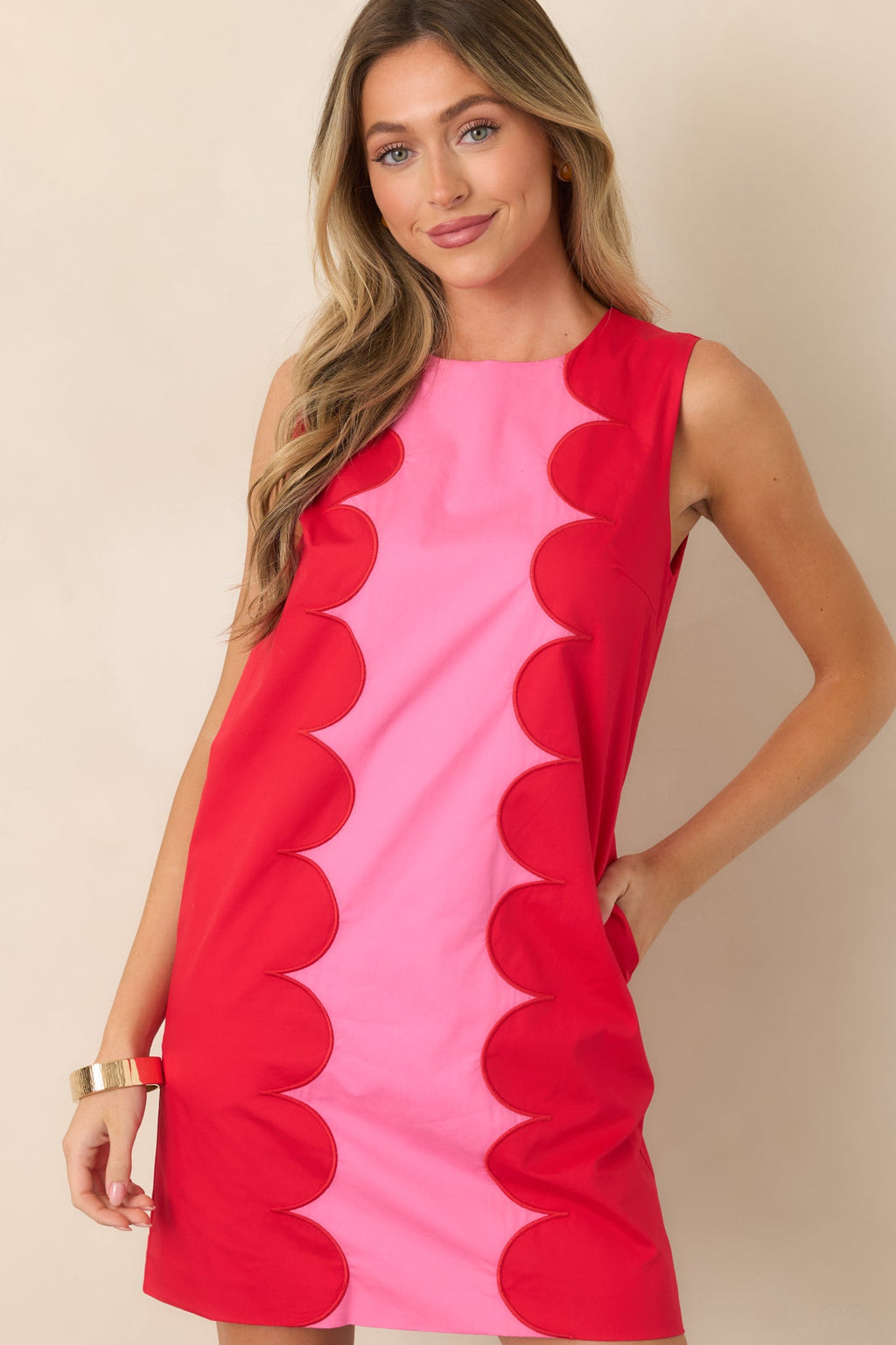 Mod About You Red & Pink Cotton Contrast Scallop Mini Dress