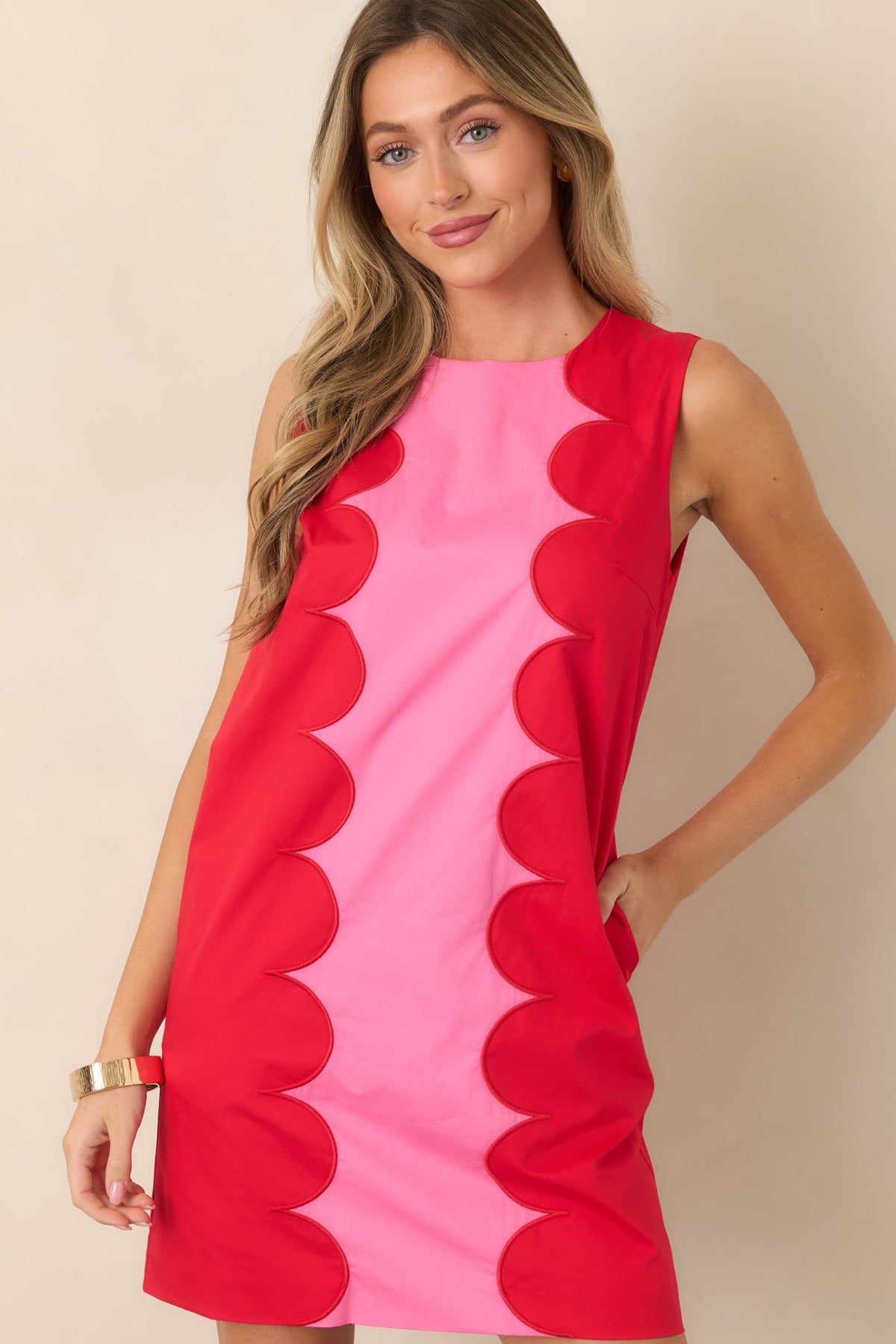 Mod About You Red & Pink Cotton Contrast Scallop Mini Dress