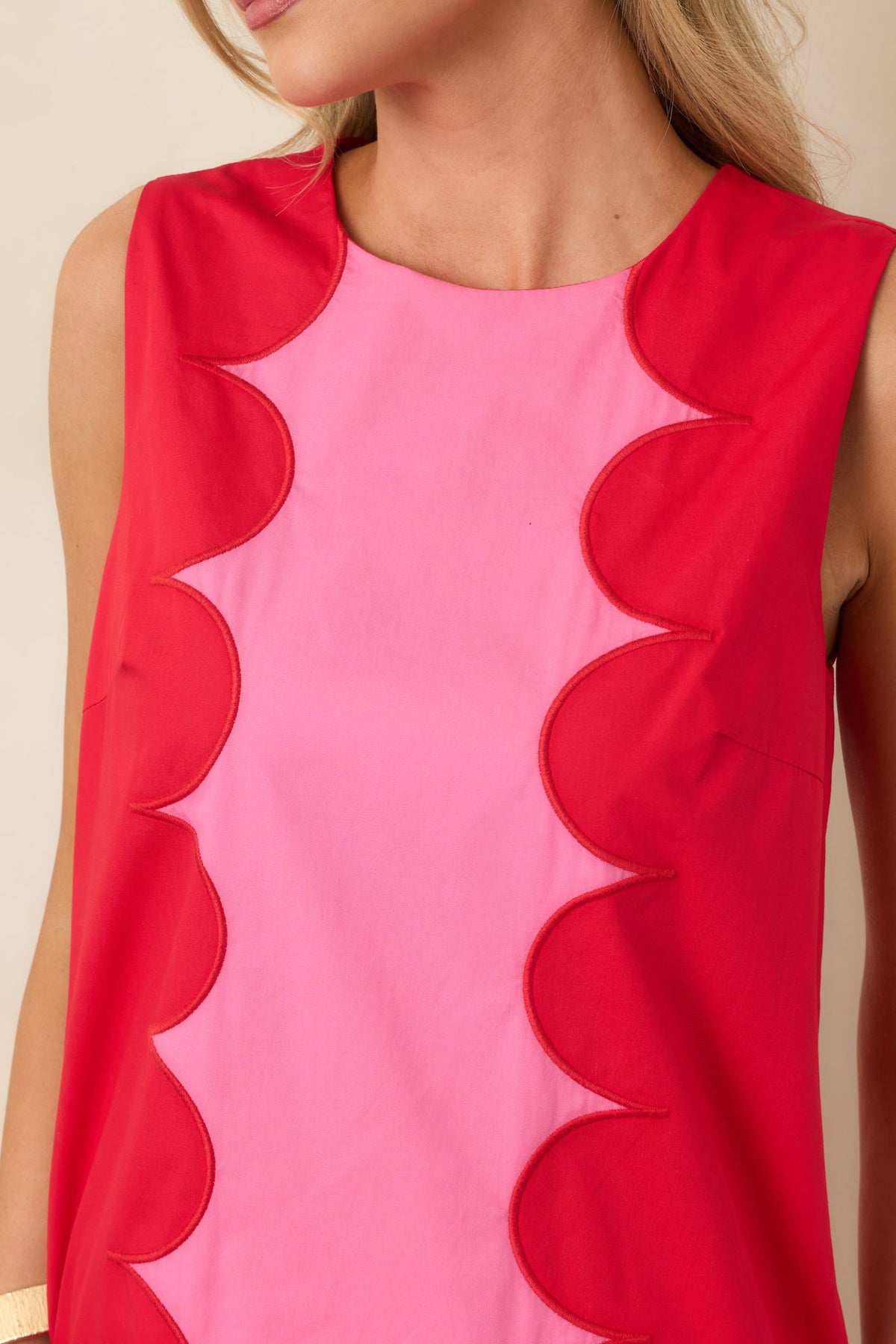 Mod About You Red & Pink Cotton Contrast Scallop Mini Dress