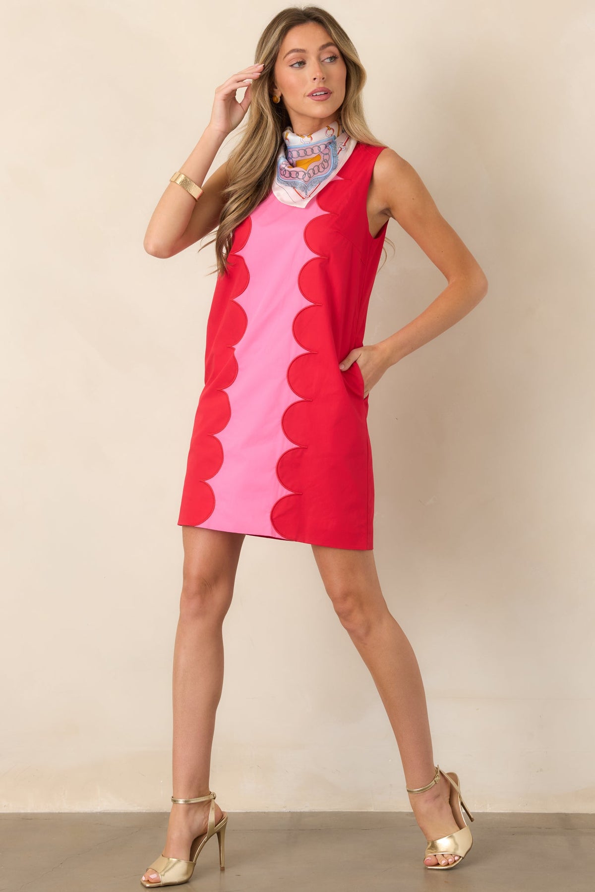 Mod About You Red & Pink Cotton Contrast Scallop Mini Dress