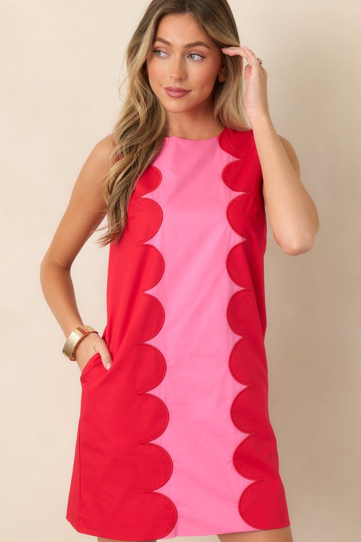 Mod About You Red & Pink Cotton Contrast Scallop Mini Dress