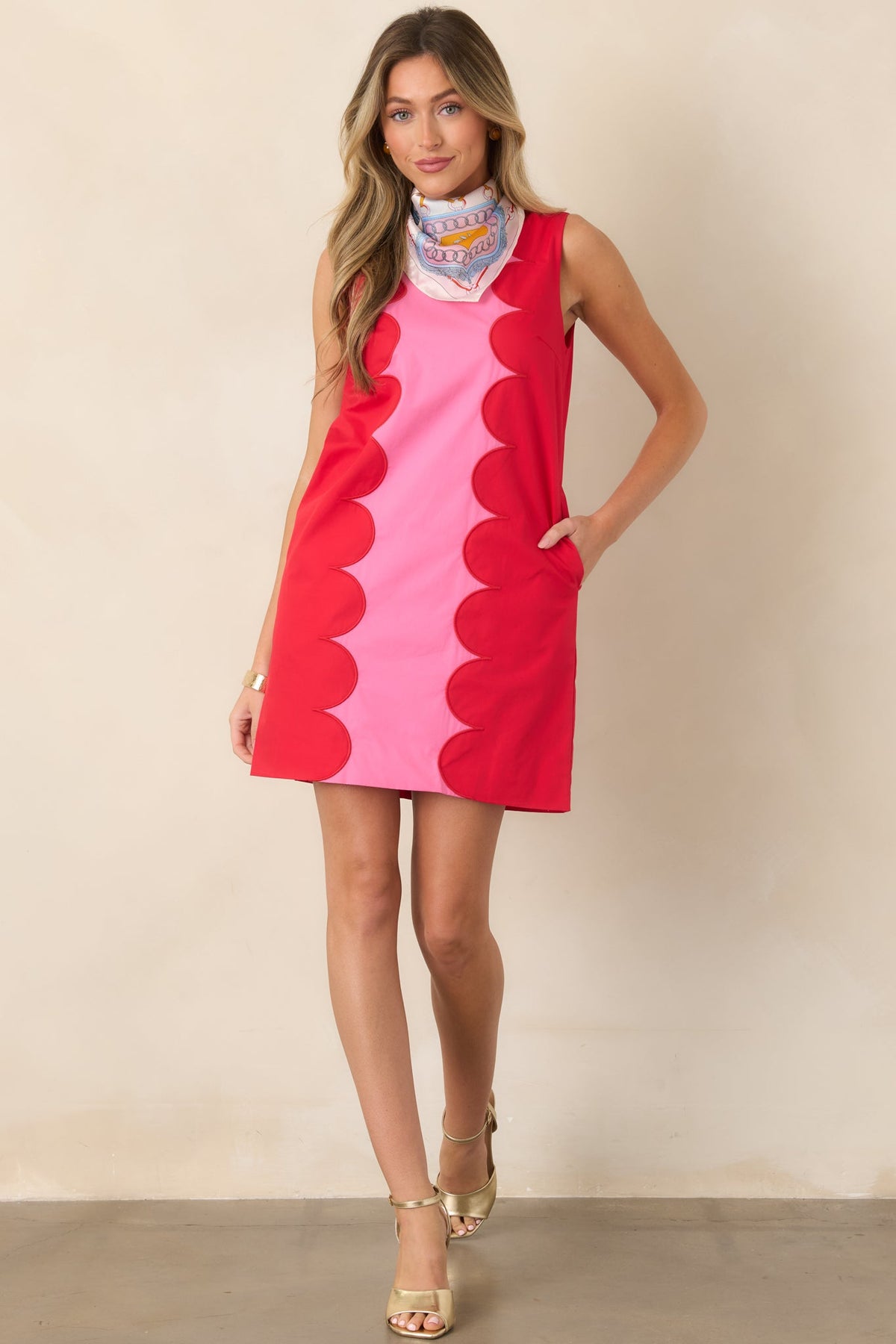 Mod About You Red & Pink Cotton Contrast Scallop Mini Dress