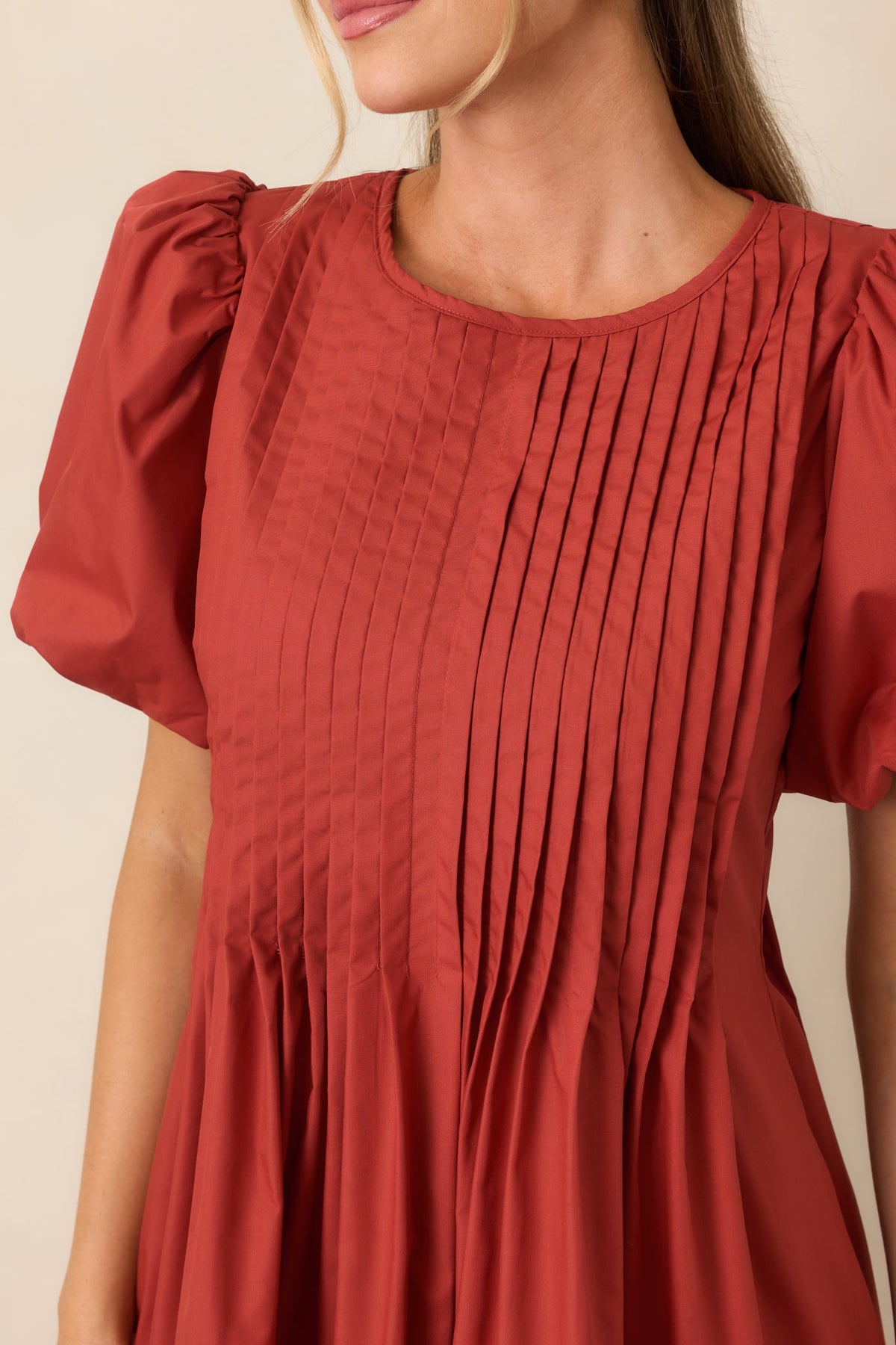 Pleats to Meet You Rust Red Pintuck Puff Sleeve Mini Dress