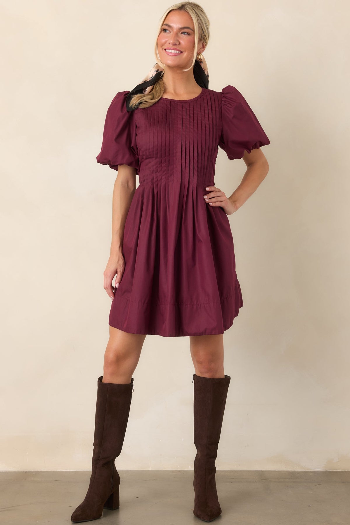 Pleats to Meet You Merlot Purple Pintuck Puff Sleeve Mini Dress