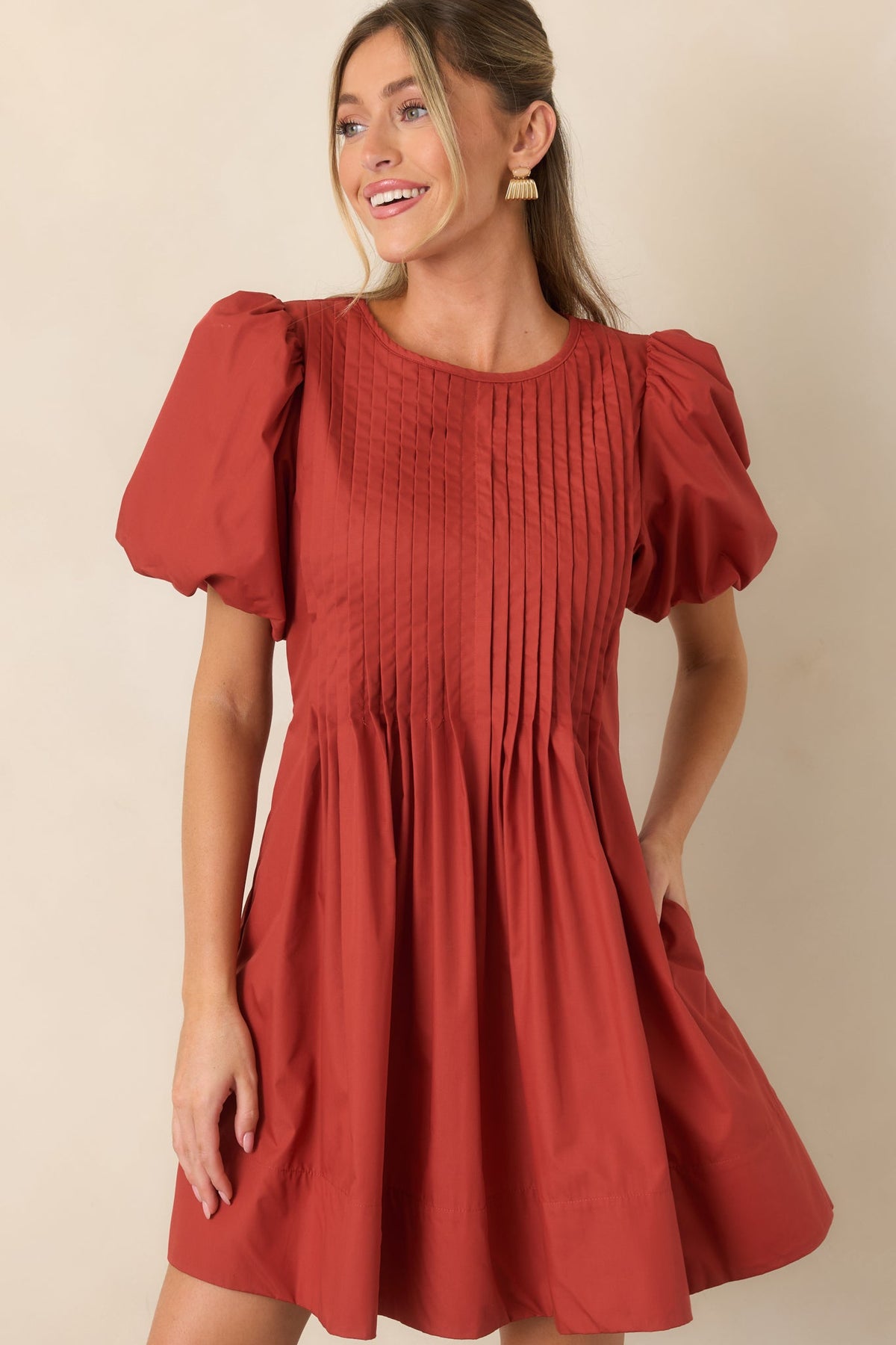 Pleats to Meet You Rust Red Pintuck Puff Sleeve Mini Dress
