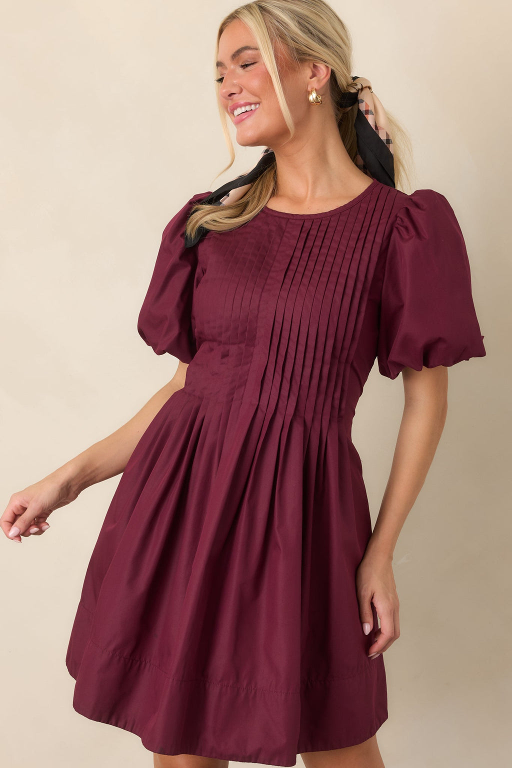 Pleats to Meet You Merlot Purple Pintuck Puff Sleeve Mini Dress