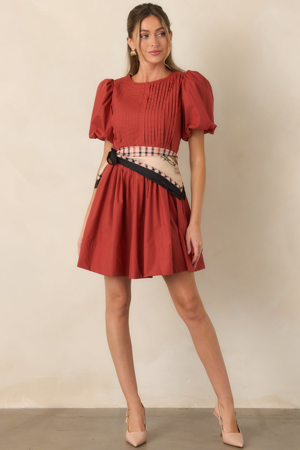 Pleats to Meet You Rust Red Pintuck Puff Sleeve Mini Dress