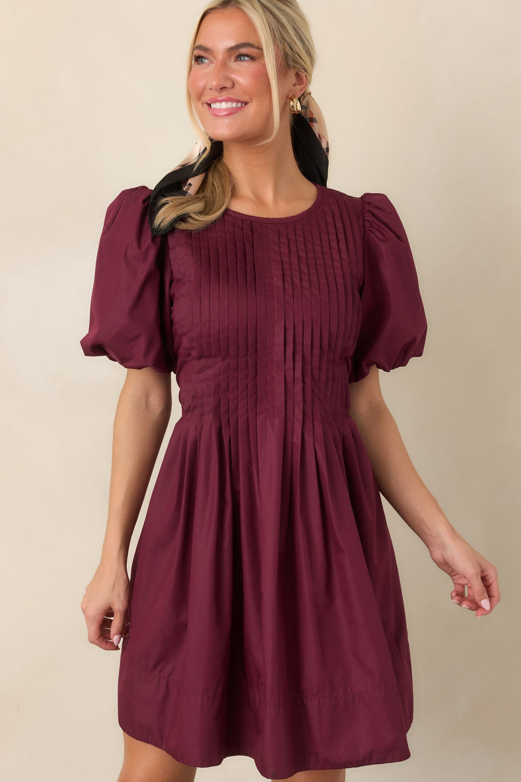 Pleats to Meet You Merlot Purple Pintuck Puff Sleeve Mini Dress
