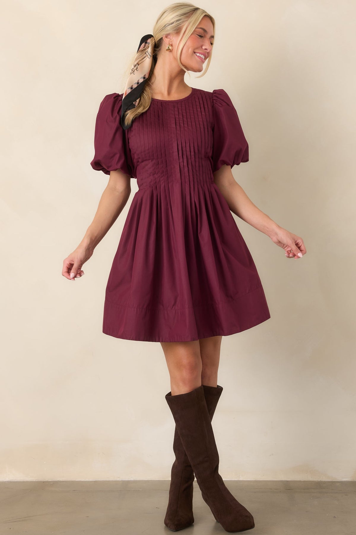 Pleats to Meet You Merlot Purple Pintuck Puff Sleeve Mini Dress