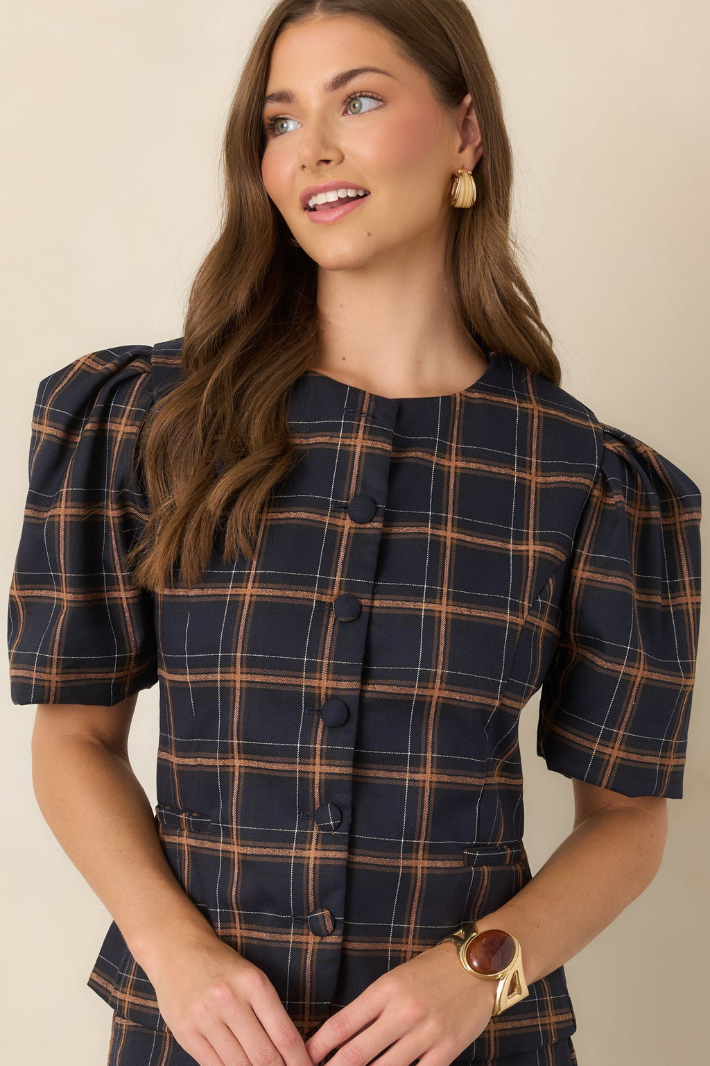 The Proper Sort Navy & Camel Plaid Puff Sleeve Top